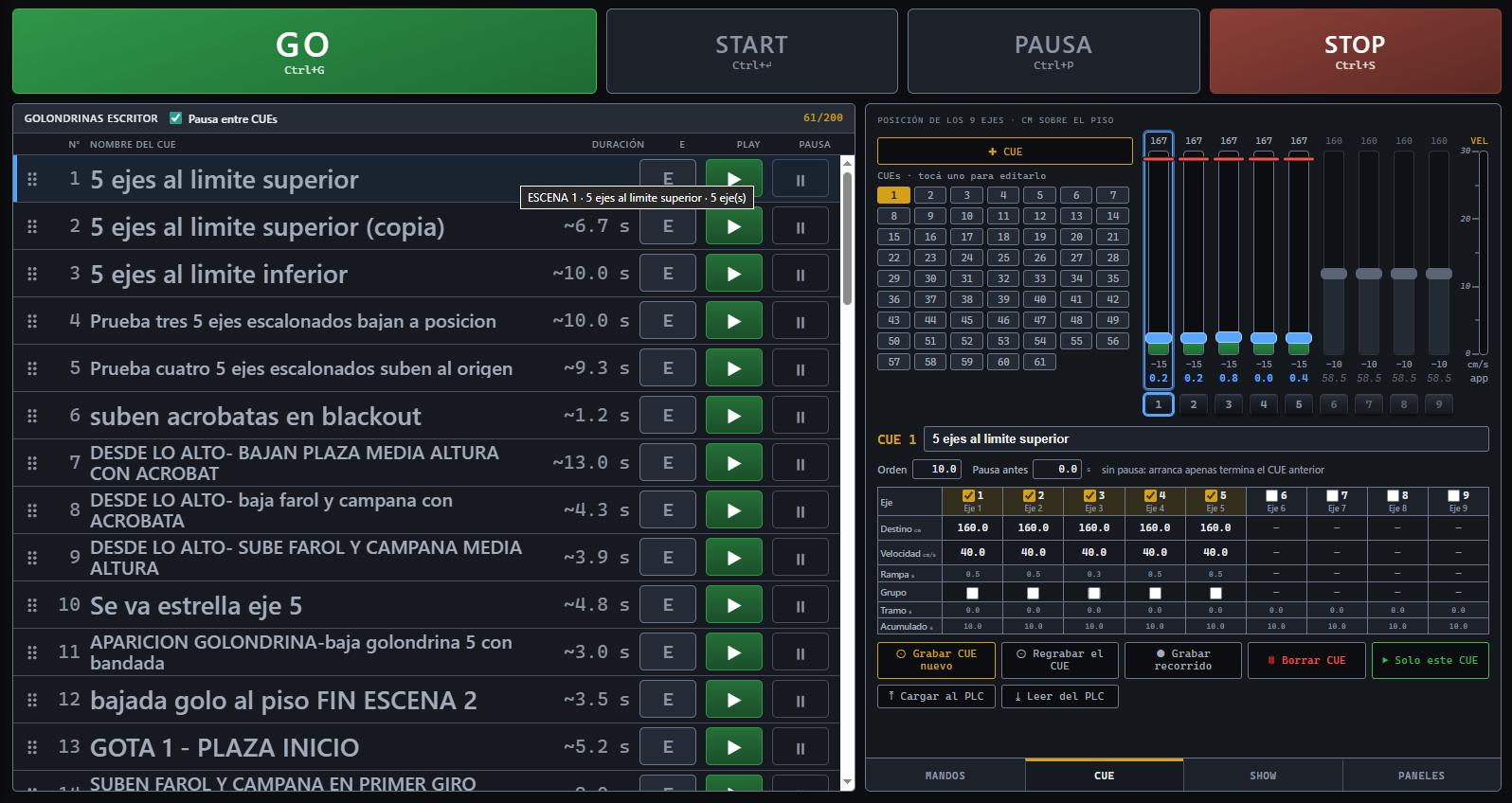 Consola de Operación, pestaña CUE: destino, velocidad y rampa de cada eje en una escena.