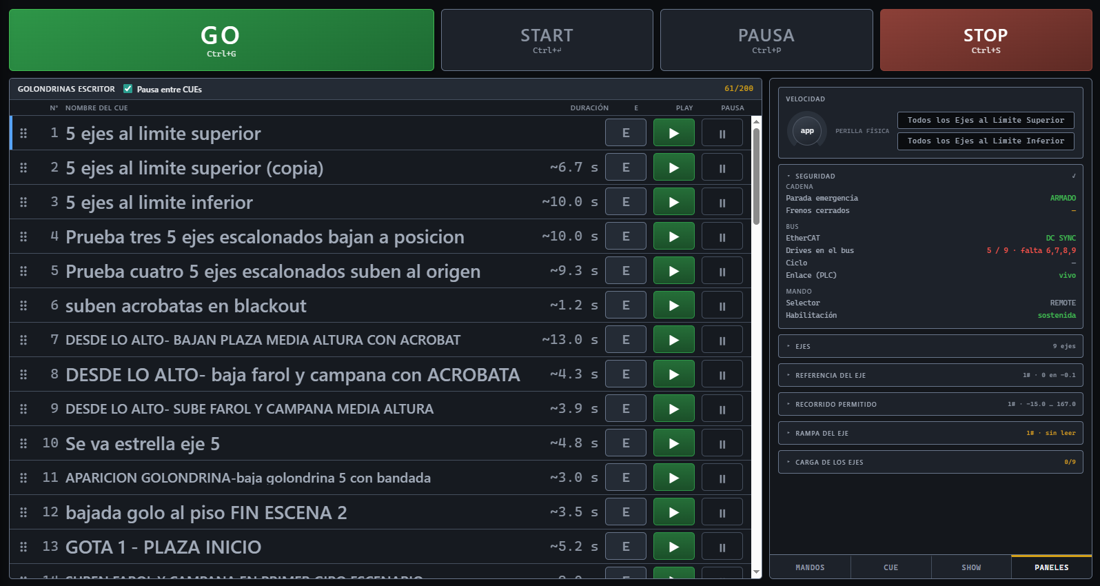 Consola de Operación, pestaña Paneles: parada de emergencia, bus EtherCAT y mando.