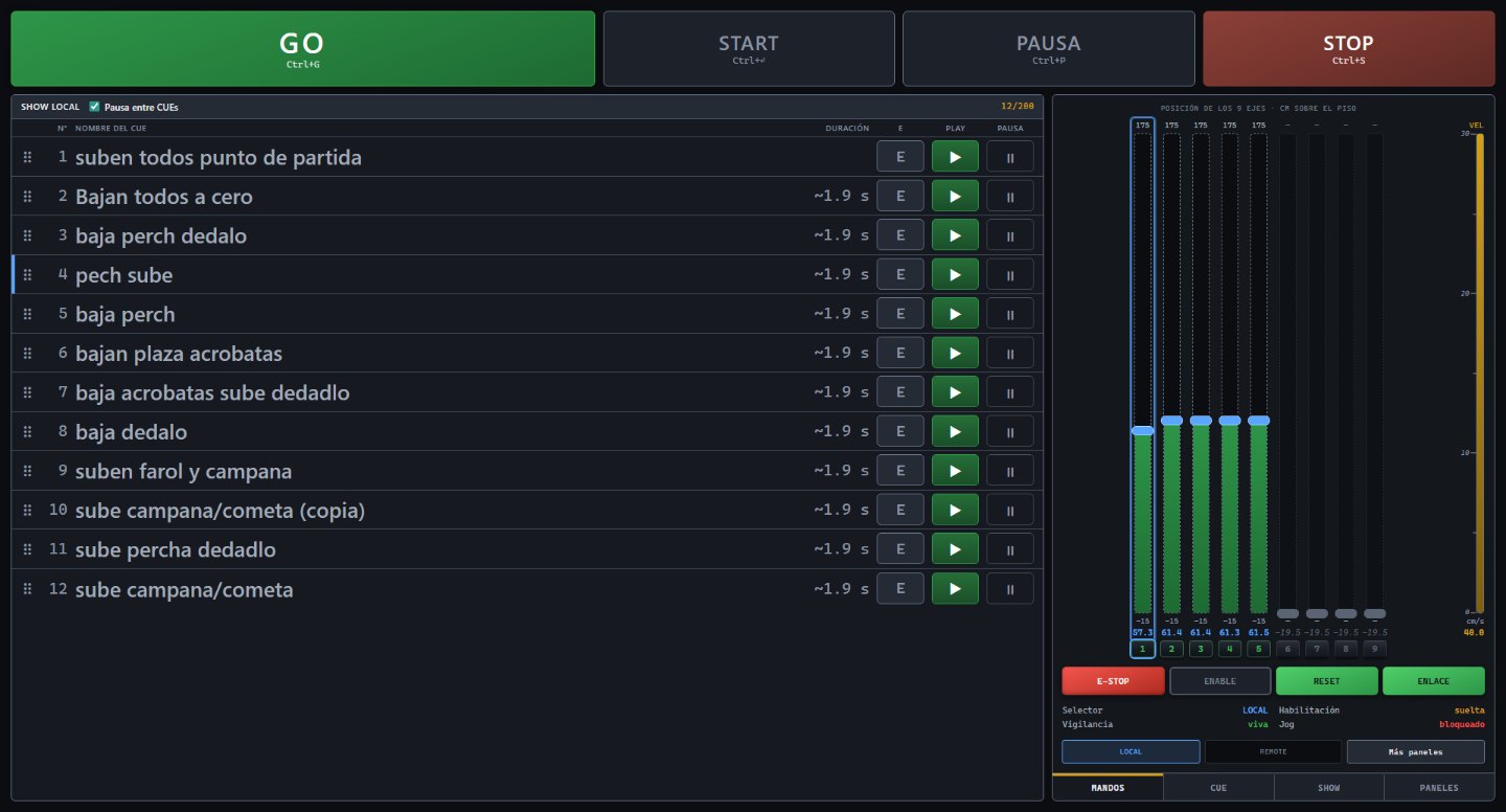 Consola de TRAPEZOIDE con un show cargado: la lista de escenas con su duración, los botones GO, START, PAUSA y STOP, y la posición de los nueve ejes con la parada de emergencia y los mandos.